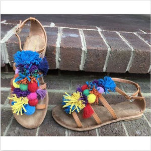 WOMENS BAMBOO NADYA COLORFUL BOHO POM POM SANDALS
